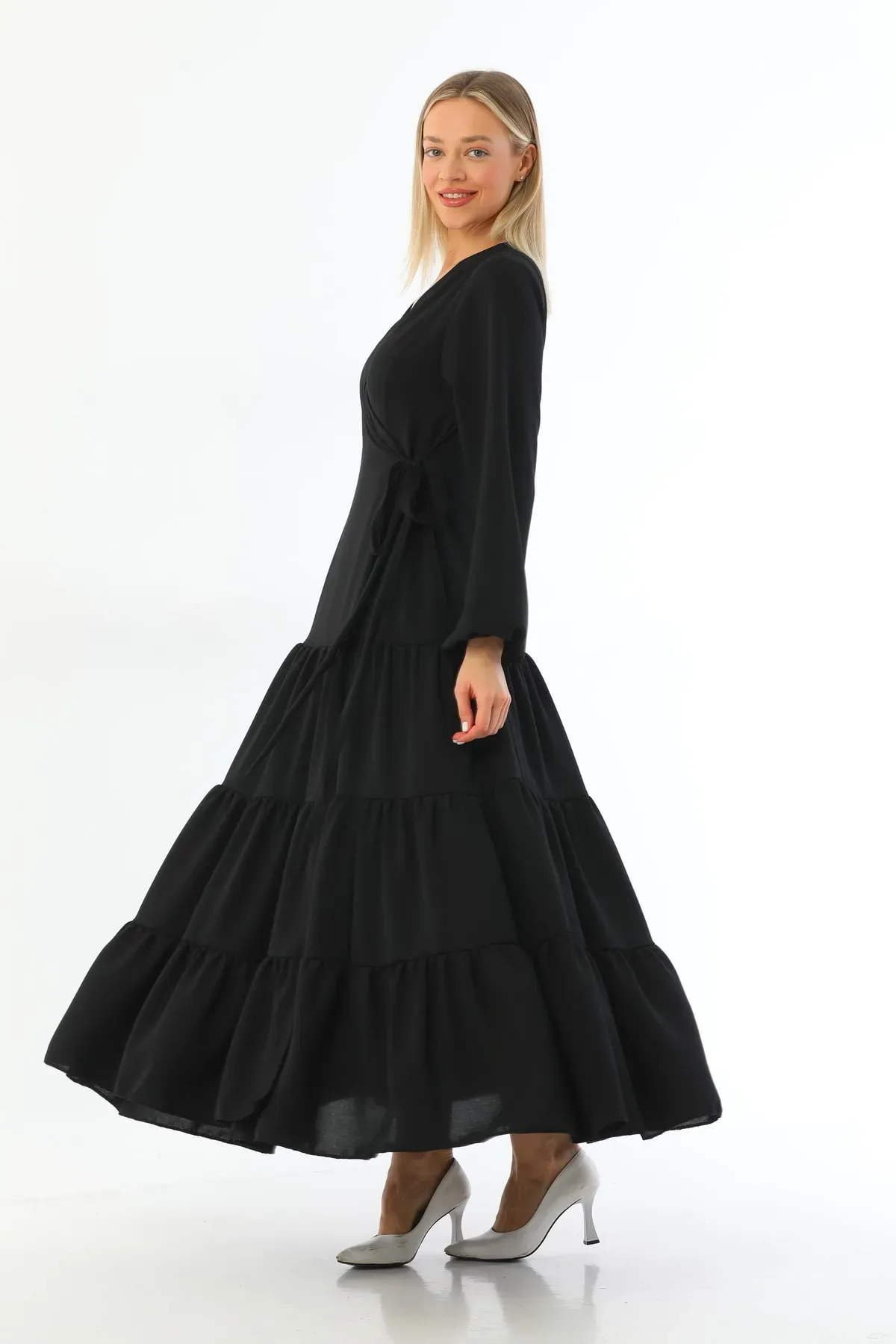 YANDAN BAĞLAMALI KRUVAZE YAKA ELBİSE